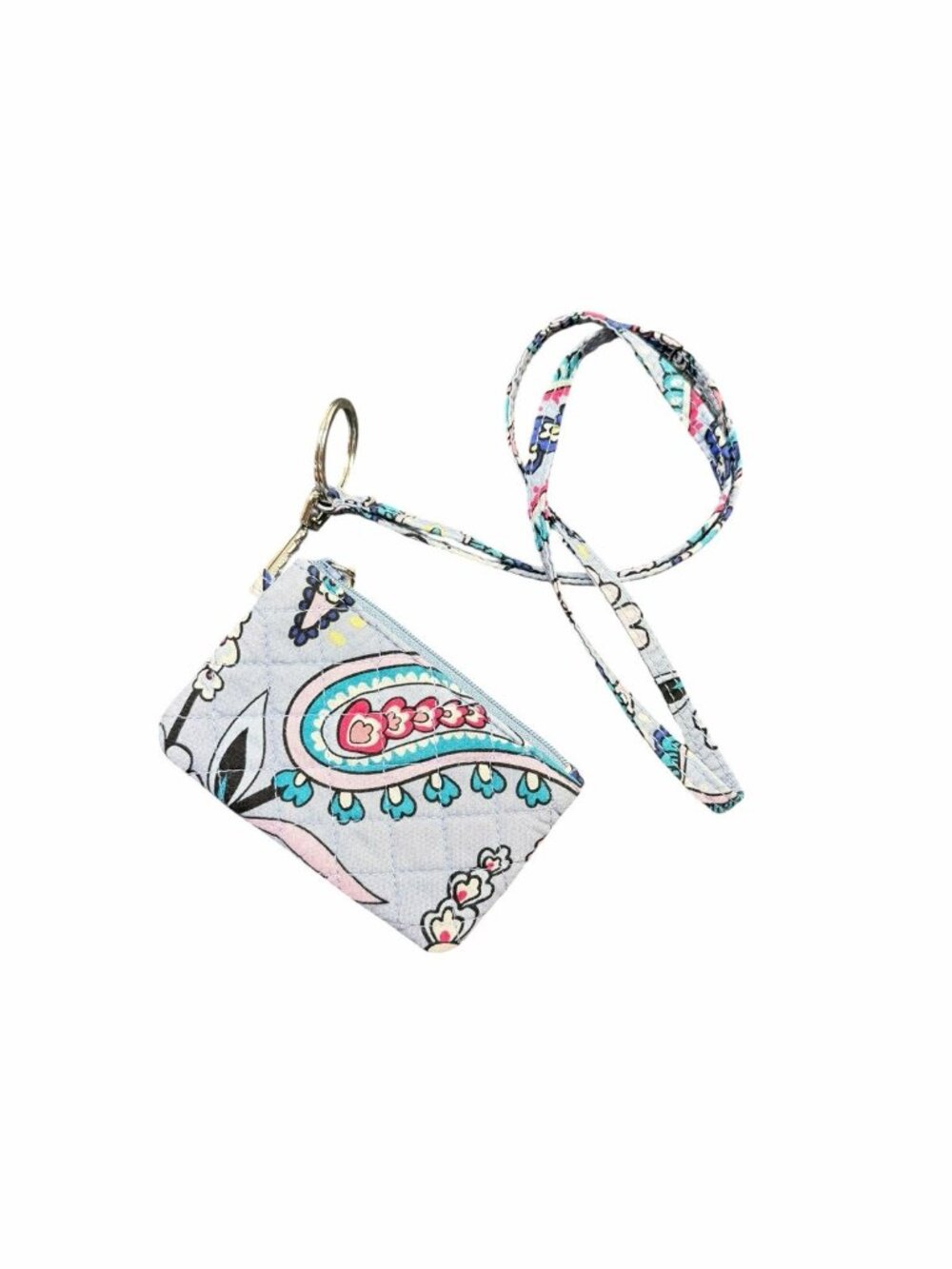 Vera Bradley Quilted Zip ID Card Holder Wallet Lanyard Light Blue Floral